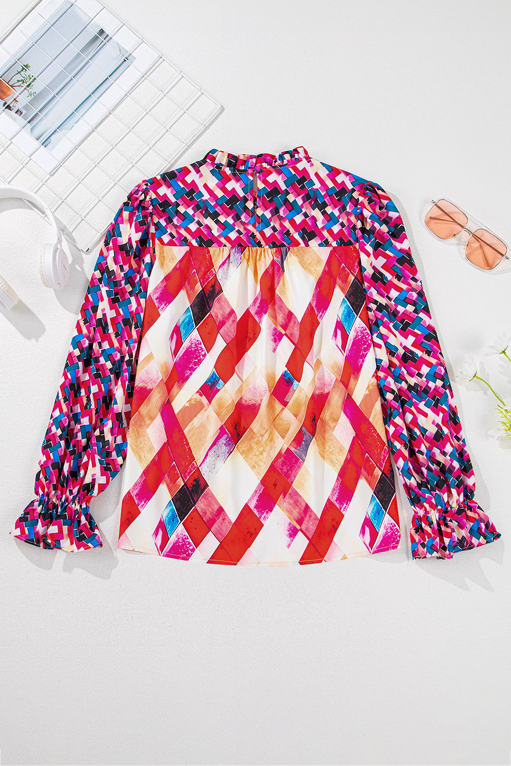 Abstract Geometric Pattern Patchwork Puff Sleeve Blouse