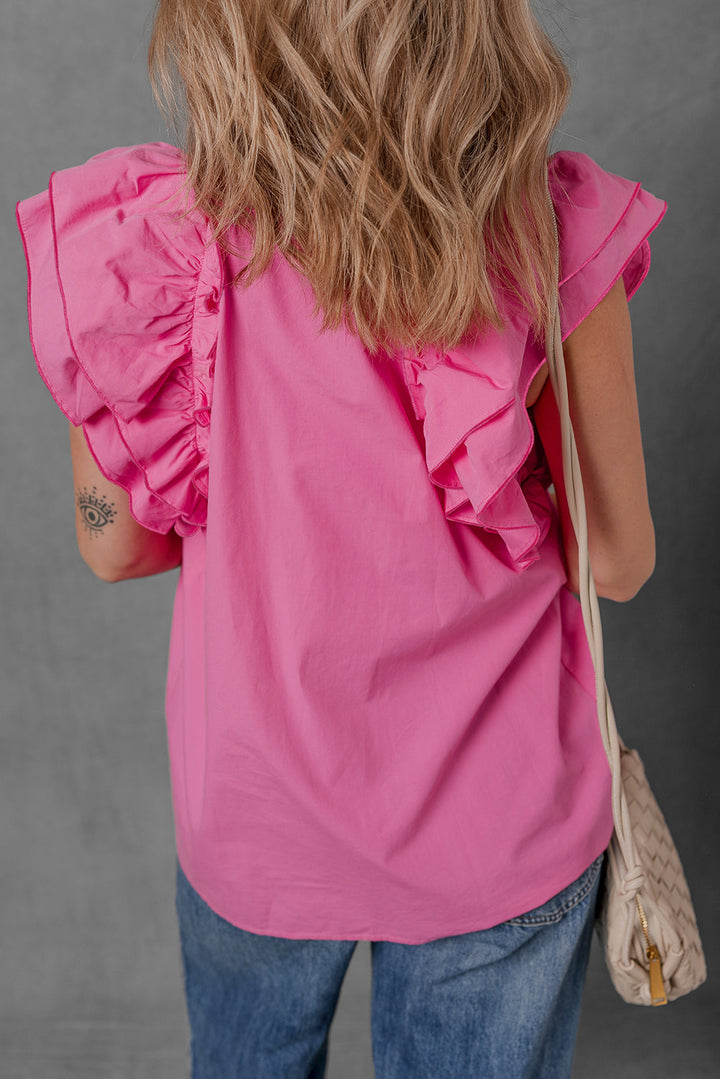 Shirred Yoke Lace up V Neck Ruffled Sleeve Blouse
