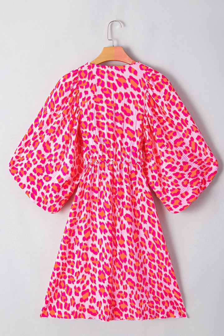 Leopard Print Elasticated V Neck 3/4 Puff Sleeve Dress