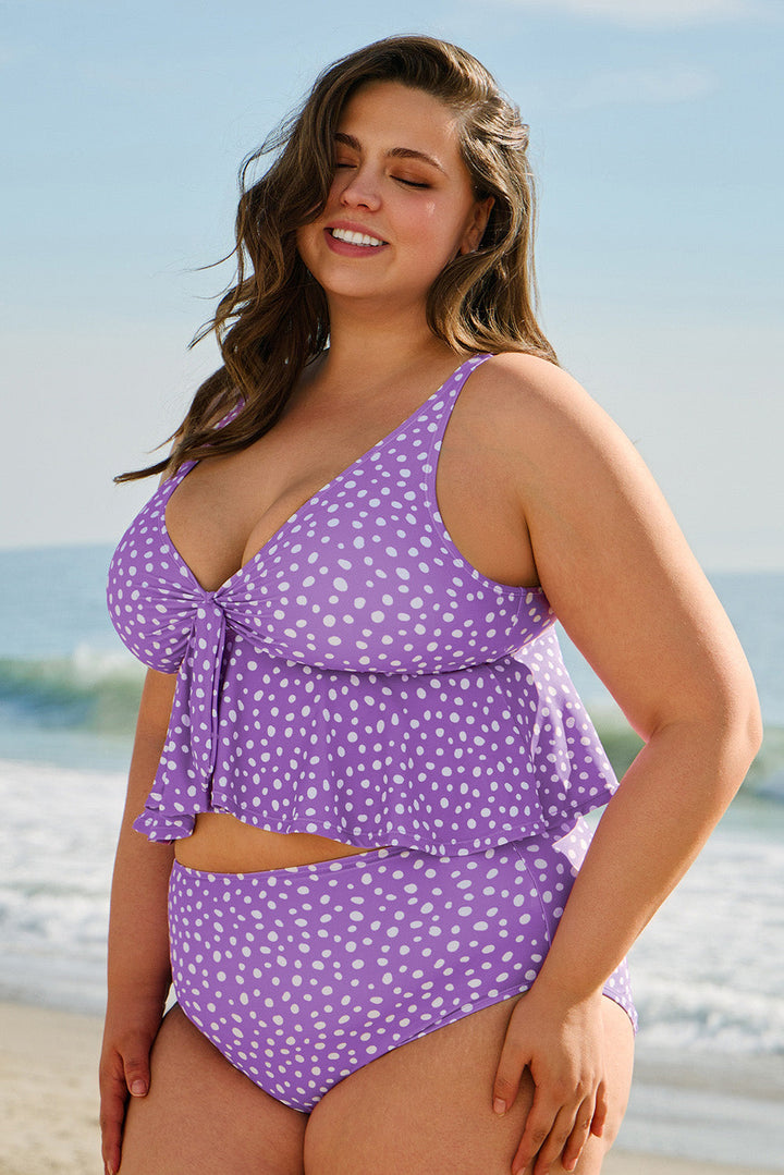 Plus Size Polka Dot Print Ruffled Knotted V Neck Tankini Set