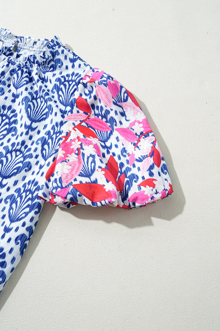 Western Fashion Print Floral Puff Sleeve Frilled Neck Blouse