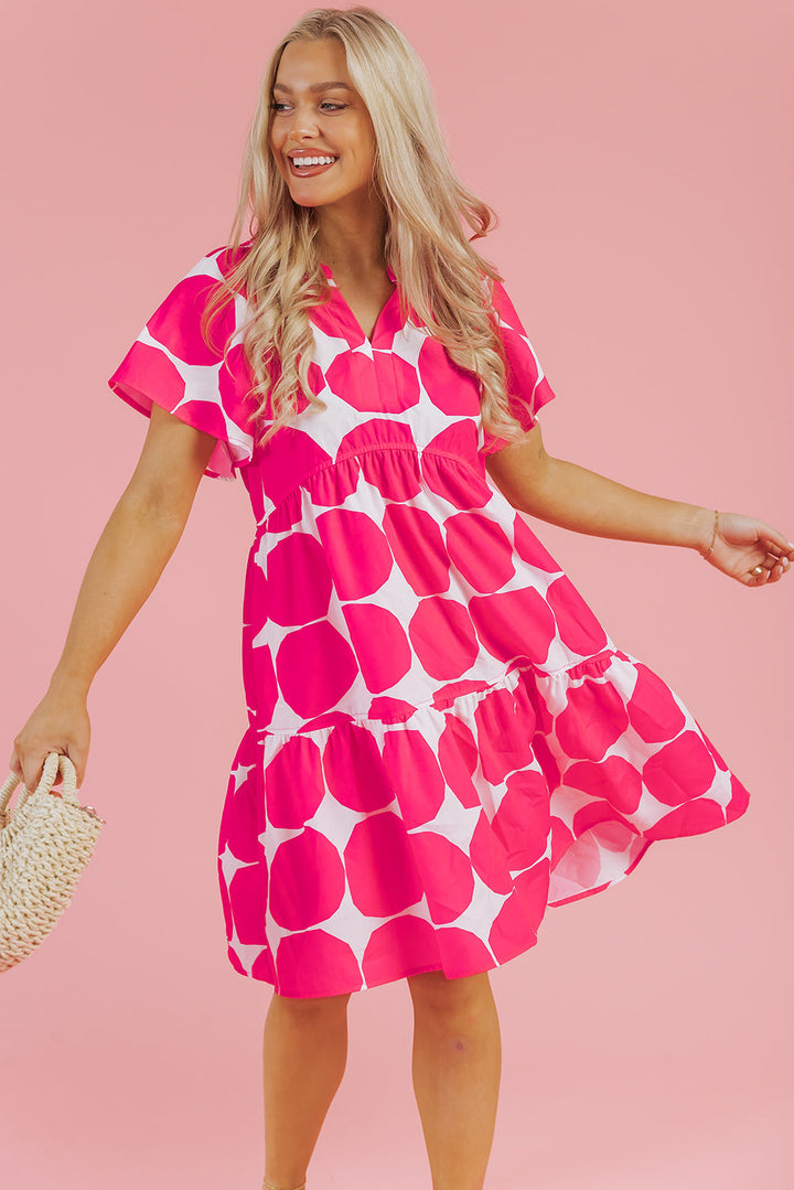 Polka Dot Flutter Sleeve Notched Neck Tiered Flowy Dress