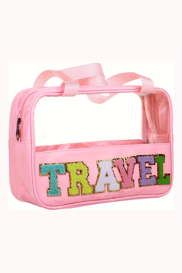 Trousse de maquillage TRAVEL en PVC transparent avec lettres en chenille
