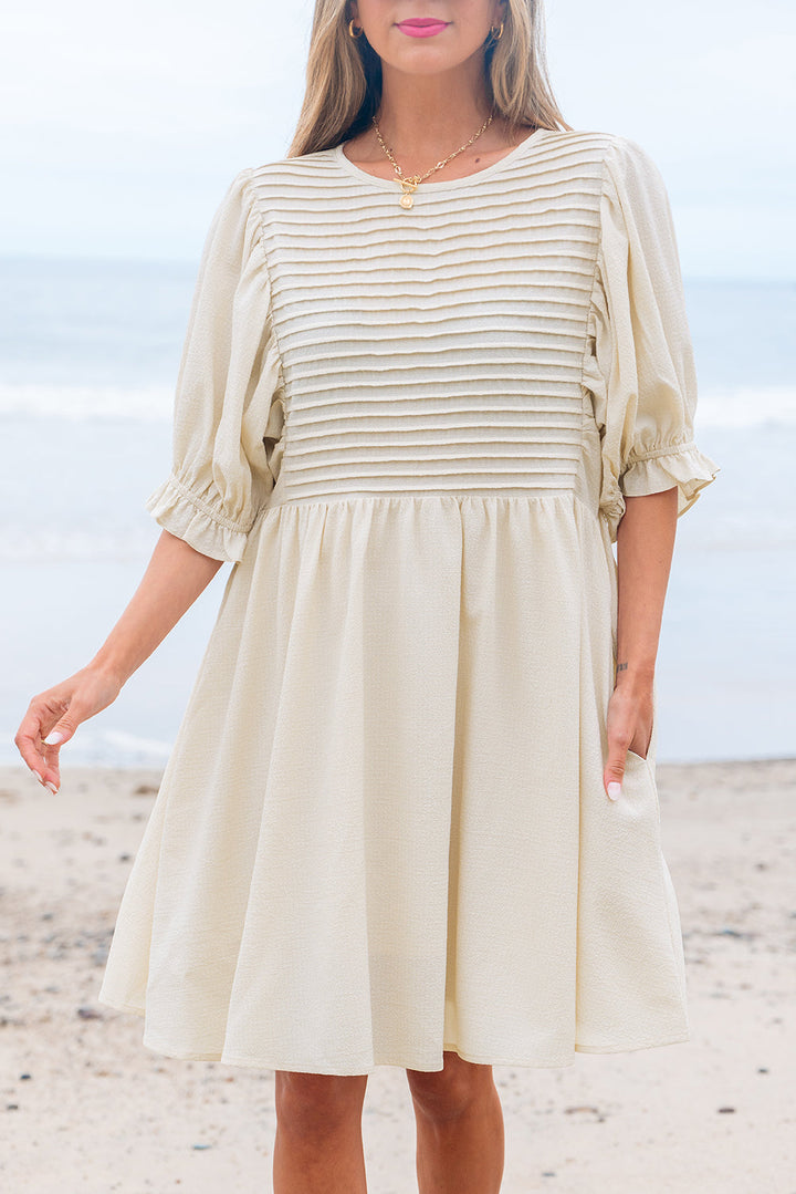 textured ruffled puff sleeve loose dress