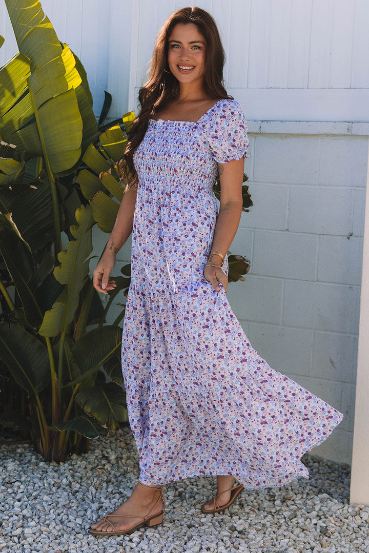 Floral Short Bubble Sleeve Shirred High Waist Maxi Dress