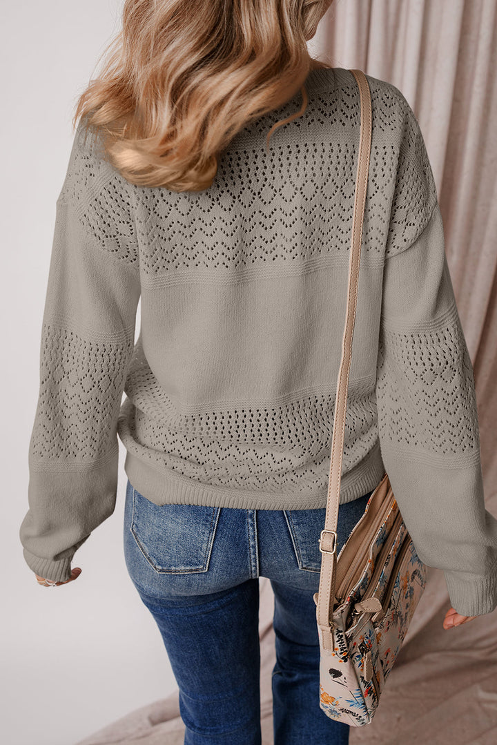 eyelet pattern detail v neck drop shoulder sweater 1