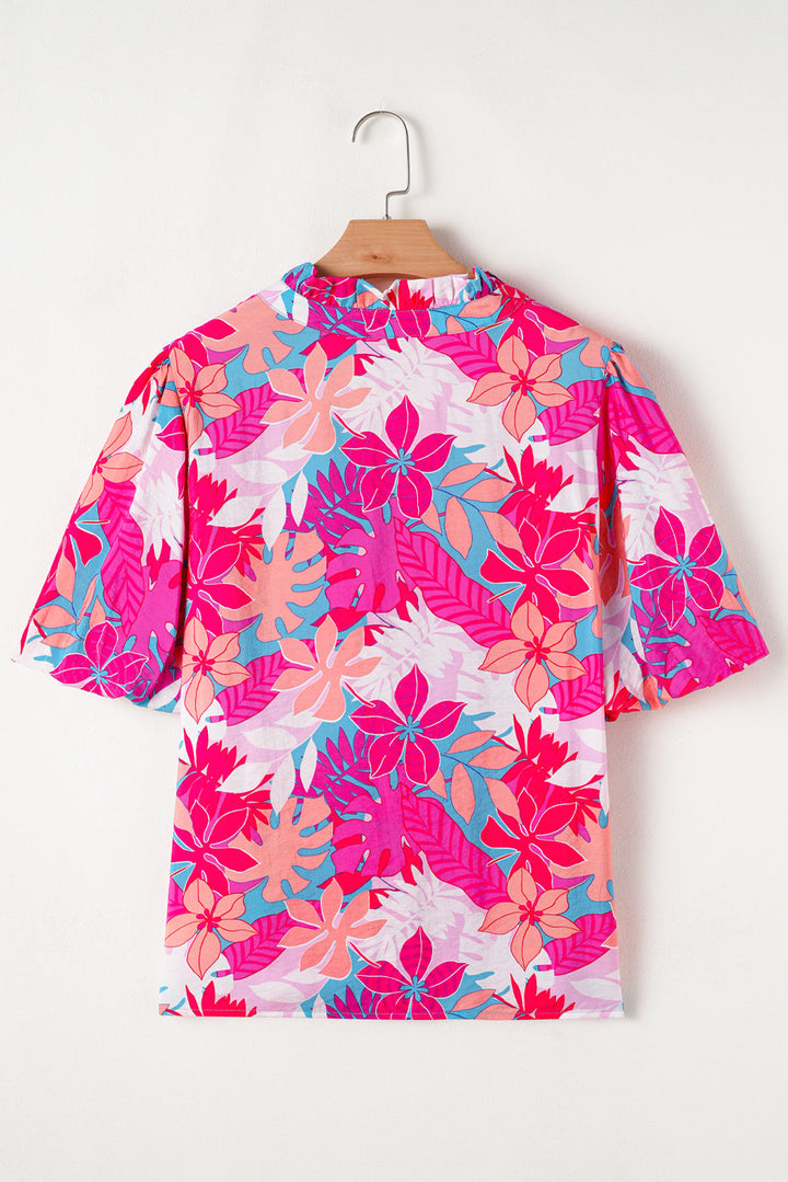 Tropical Plant Printed V Neck Puff Sleeve Blouse