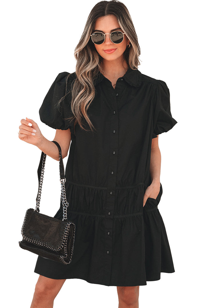 Shirt Style Button Down Puff Sleeve Ruffle Hem Dress