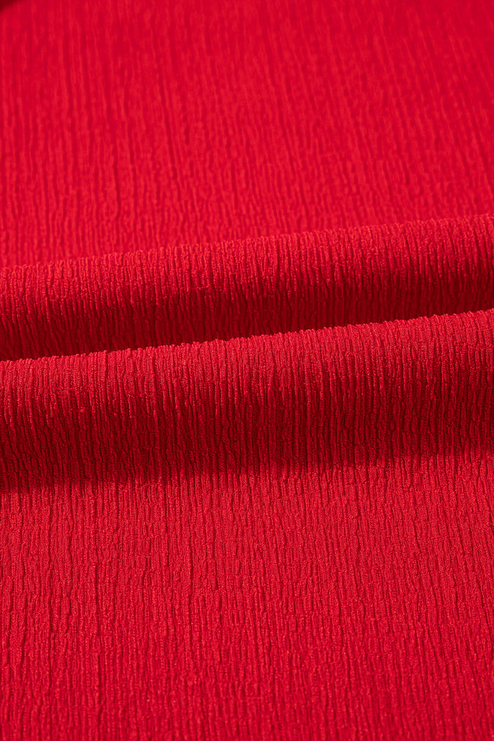 textured shirred ruffled trim spaghetti strap midi dress