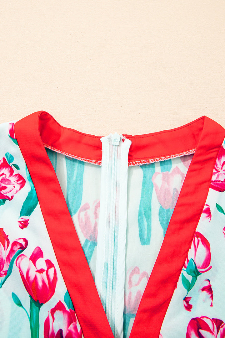 floral print contrast trim v neck bubble short sleeve babydoll dress