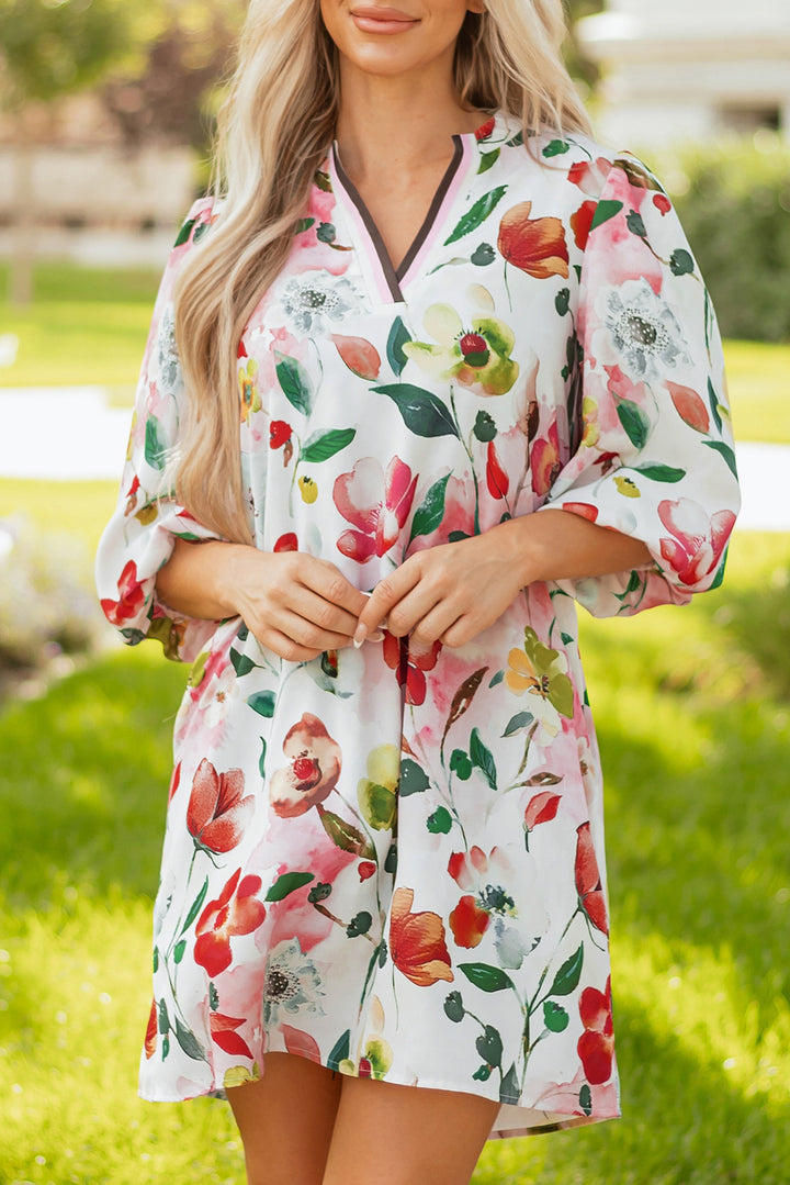 Etuikleid mit Blumenmuster, Kontraststreifen, V-Ausschnitt, Puffärmeln und Halbarm