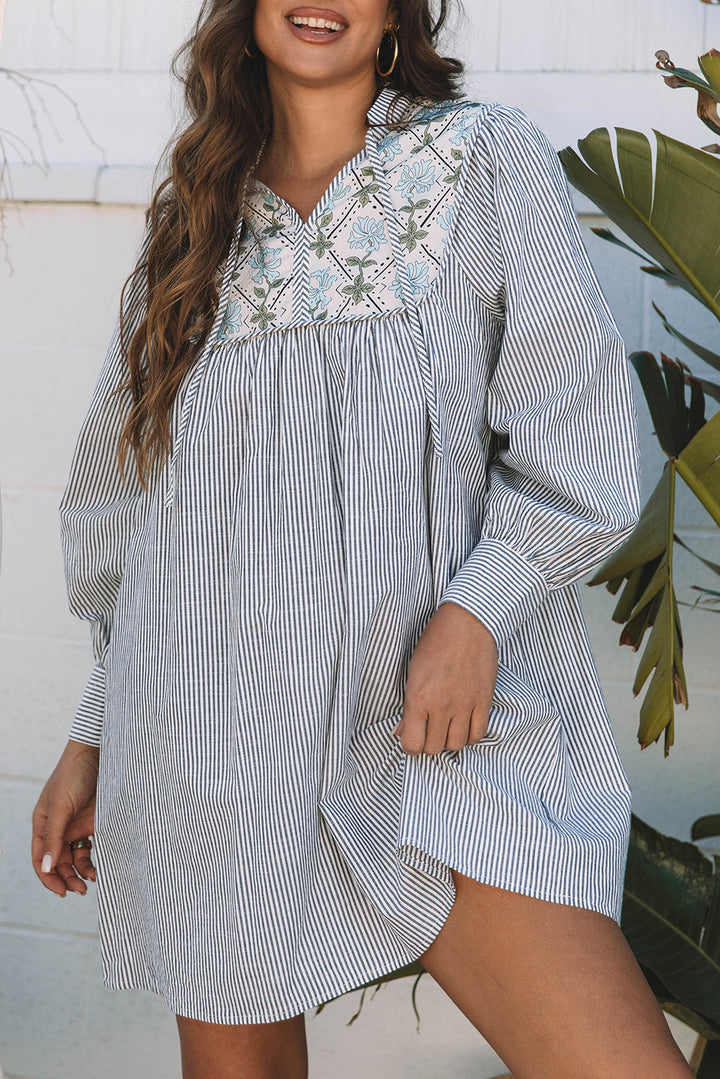 Floral Patchwork Tied V Neck Shift Long Sleeve Mini Dress