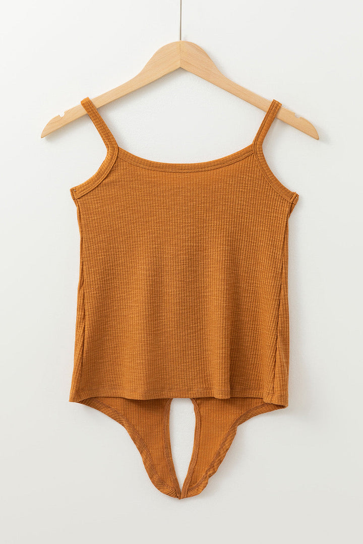 Ribbed Front Knot Buttoned Thin Strap Tank Top