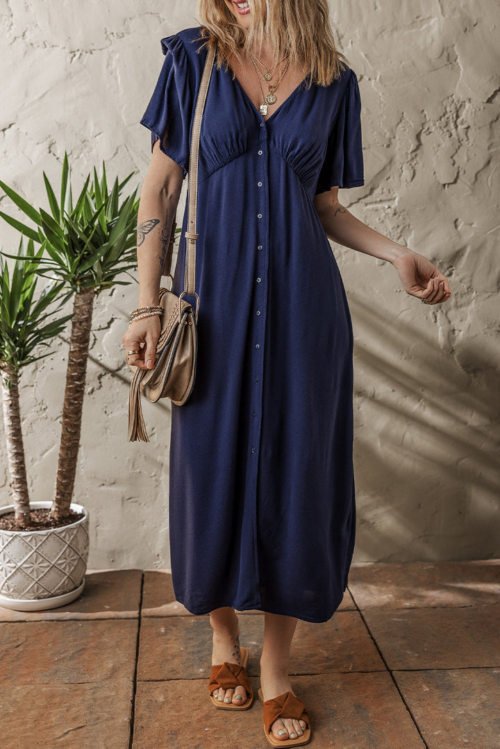 v neck buttoned front shirred back short sleeve midi dress
