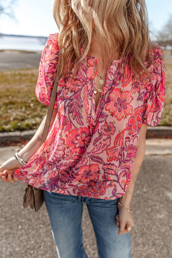 floral print ruffled puff short sleeve blouse