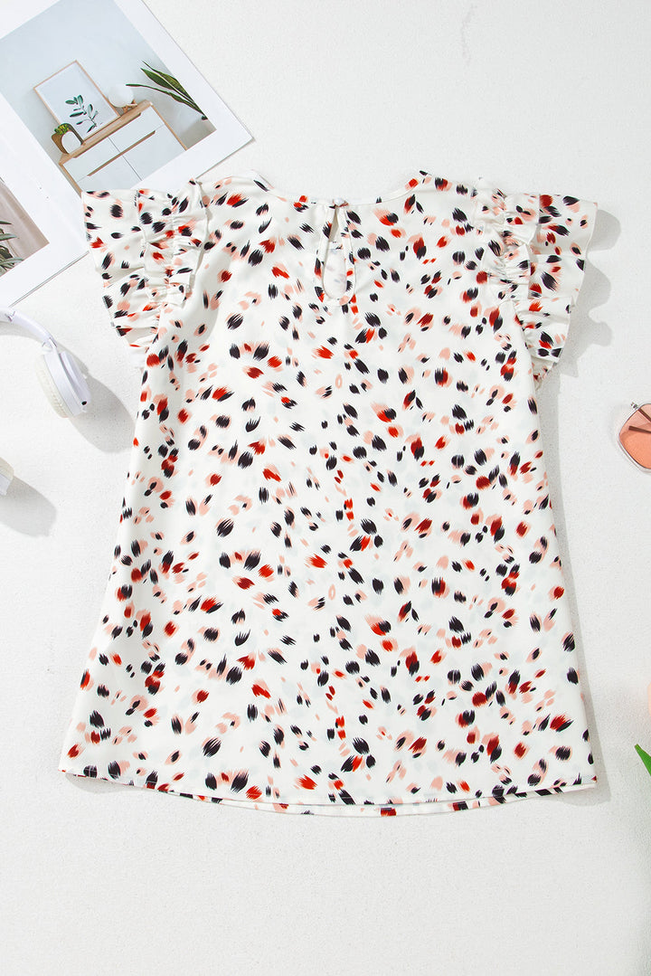 abstract print ruffle flutter sleeve keyhole back slim blouse