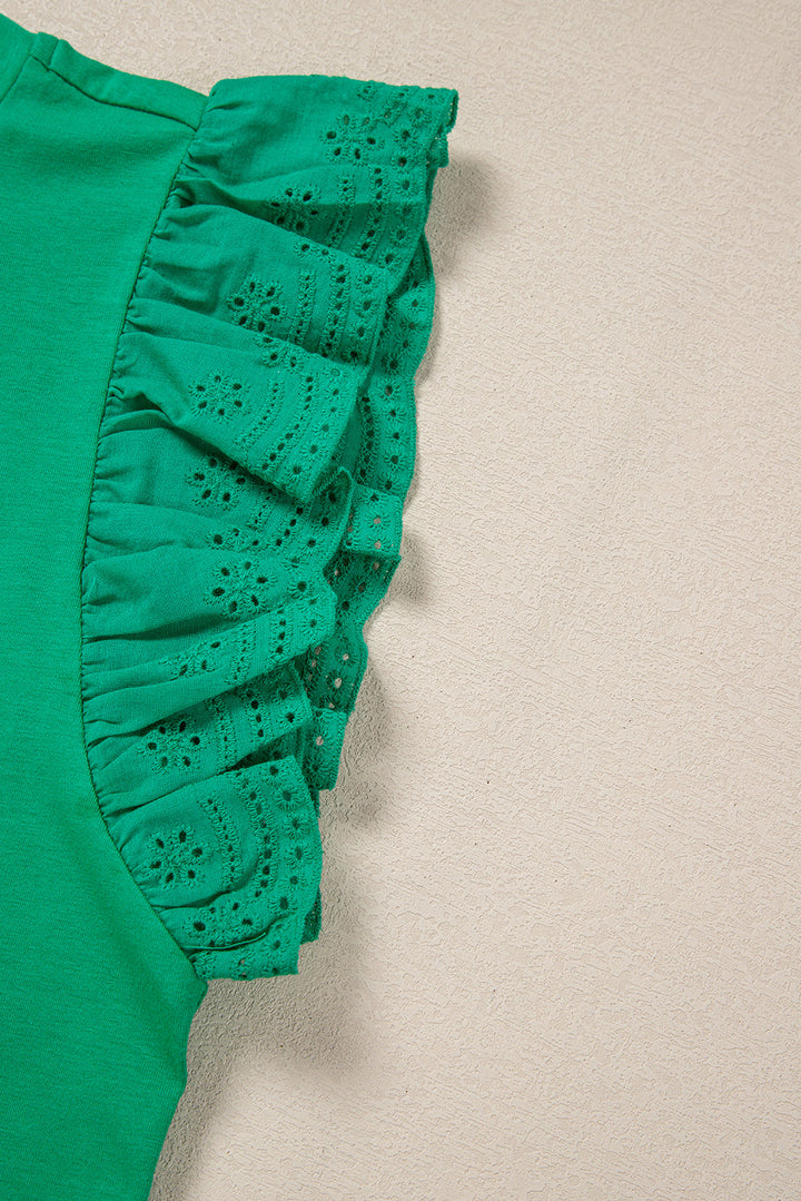 Embroidered Ruffled Sleeve Slim Fit Crew Neck Top