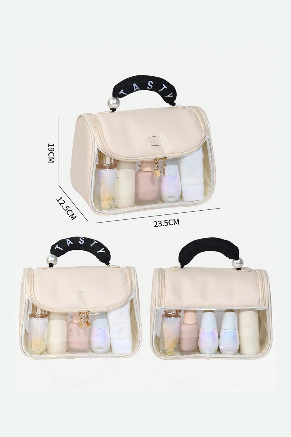 Trousse de maquillage transparente avec poignée imprimée TASTY et poche intérieure