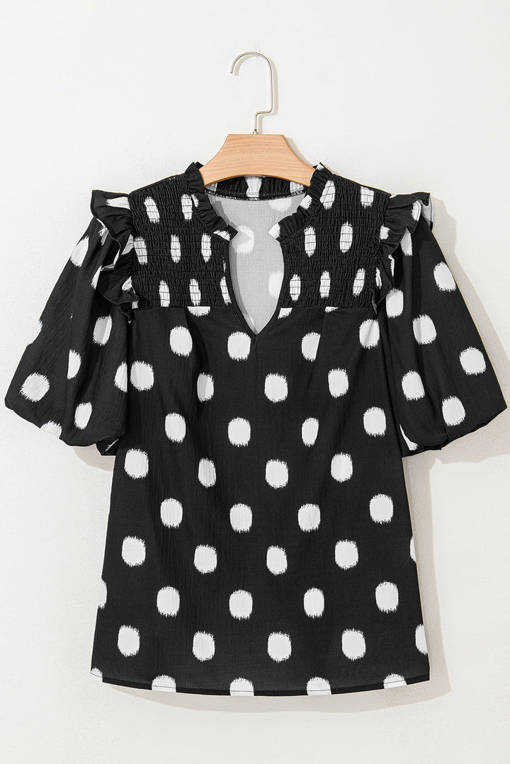 Polka Dot Print Shirred Yoke Notched Neck Balloon Sleeve Blouse