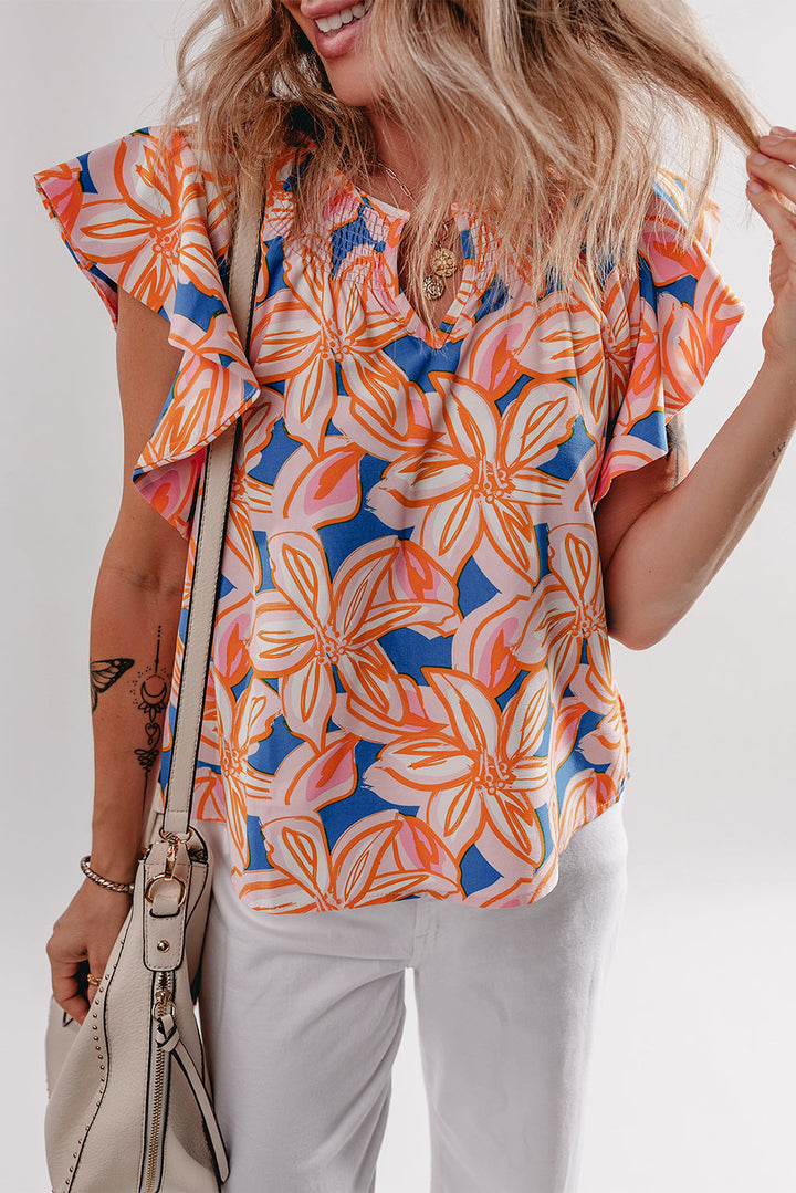 summer flower print notched neck ruffle sleeve blouse