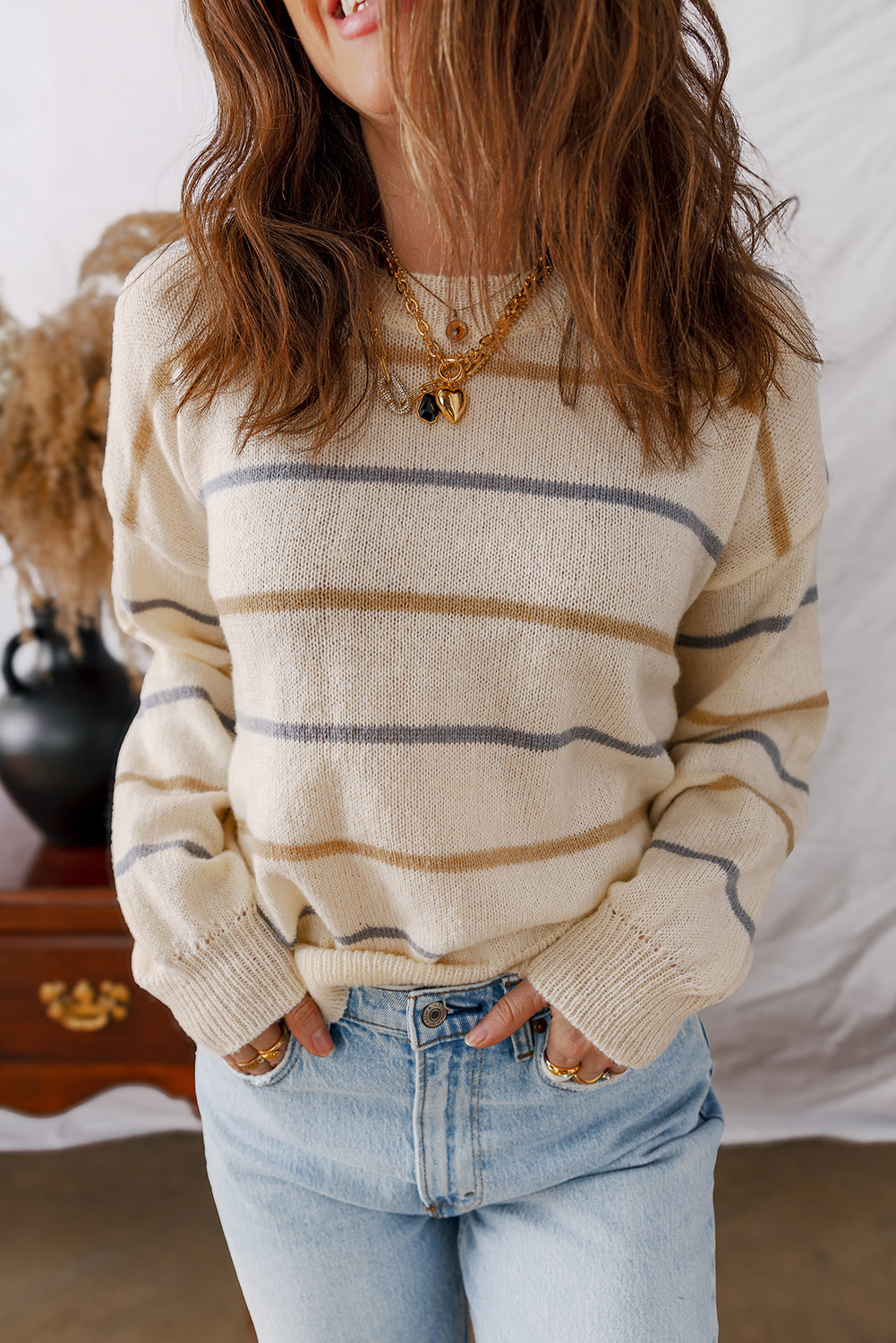 Striped Ribbed Edge Drop Shoulder Sweater