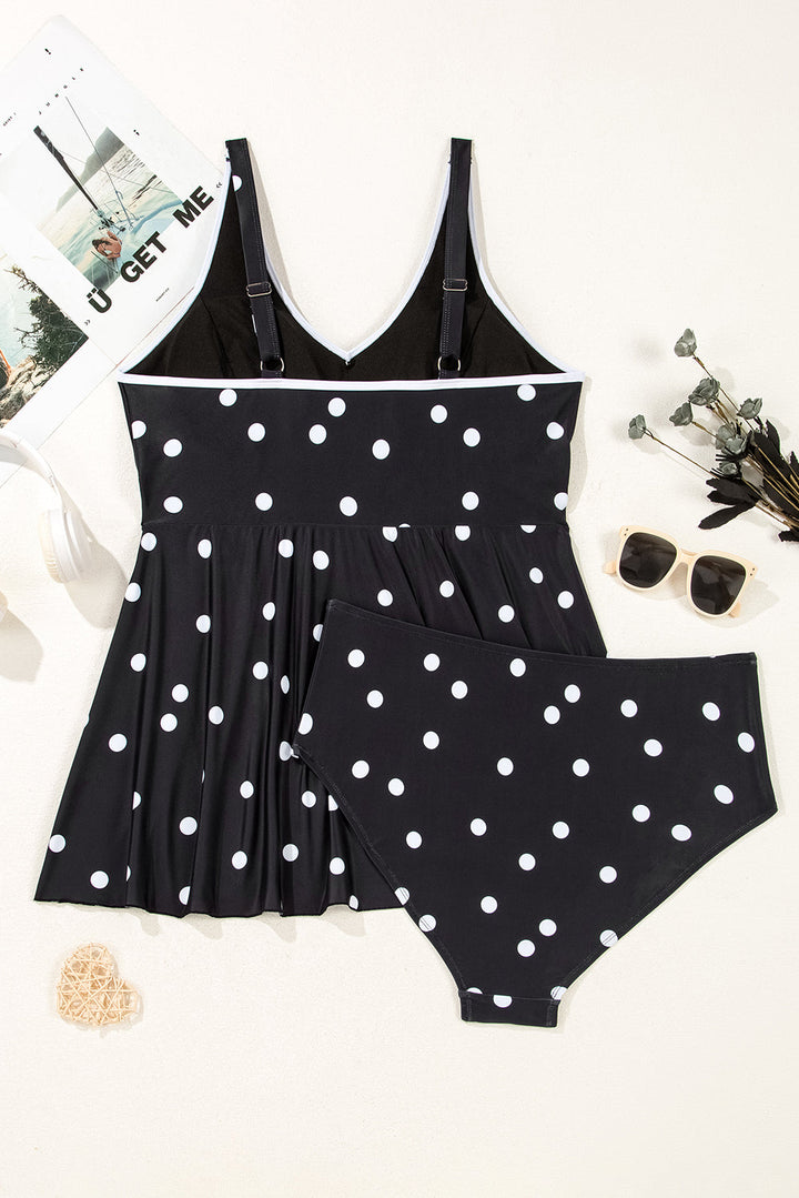 Polka Dot Trim V Neck Plus Size Swim Dress