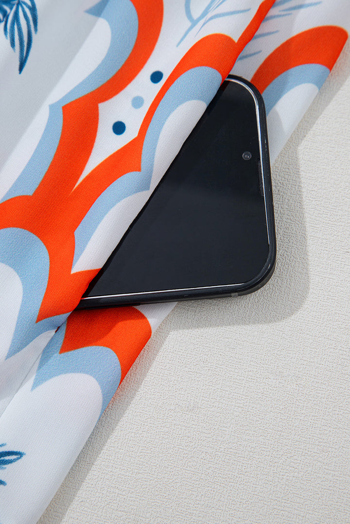 contrast palm tree printed short sleeve flowy dress