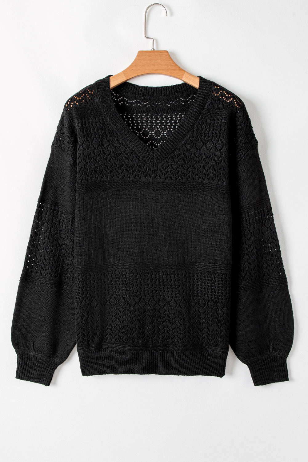 eyelet pattern detail v neck drop shoulder sweater 3