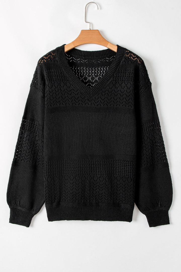 eyelet pattern detail v neck drop shoulder sweater 3