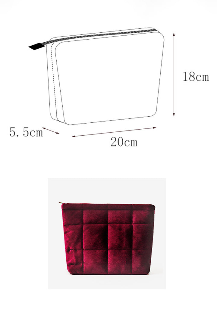 Pochette de rangement pour cosmétiques en velours matelassé avec fermeture éclair
