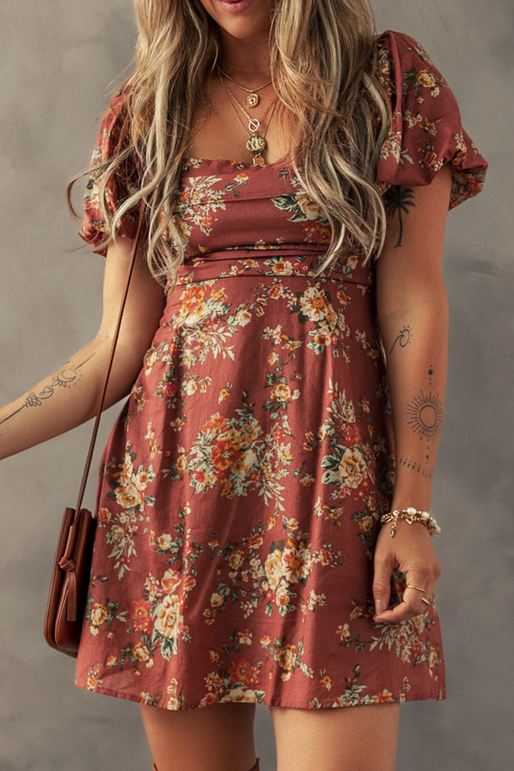 floral puff sleeve square neck knot open back mini dress