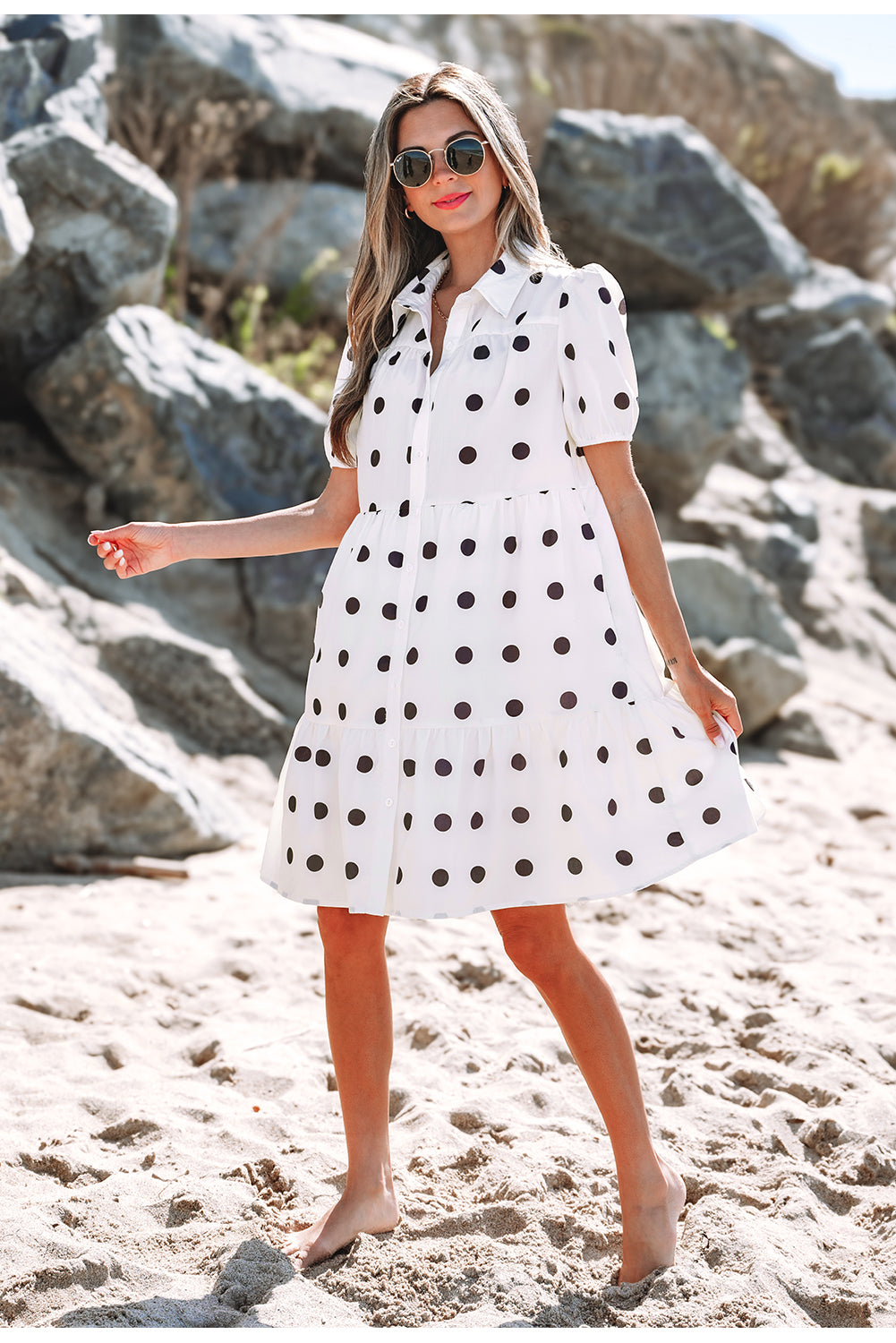 Polka Dot Print Short Sleeve Collar Buttoned Tiered Babydoll Dress