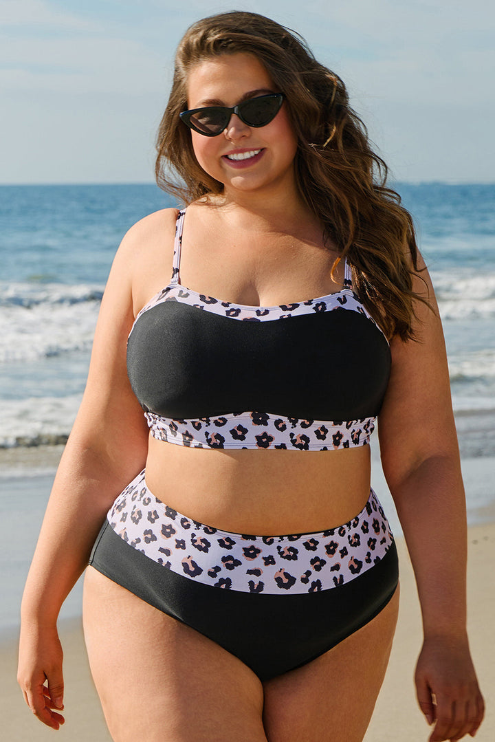 2pcs Leopard Patchwork Plus Size High Waisted Swimsuit