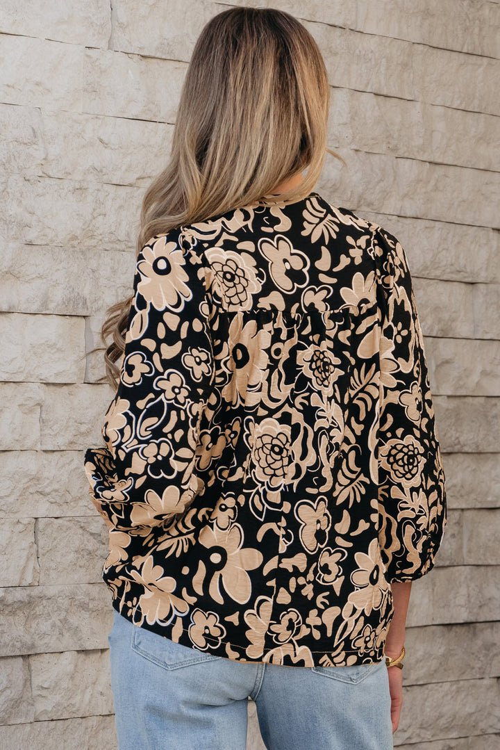 Floral Shirred Yoke Bracelet Sleeve Split Neck Boho Blouse