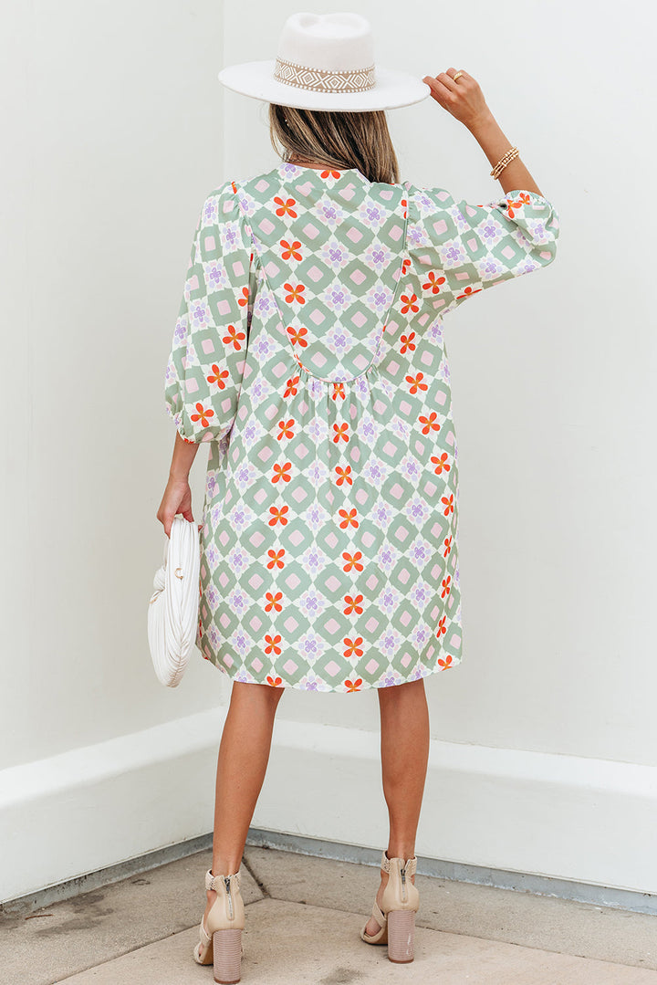 geometric floral print 3 4 sleeve notched neck mini dress