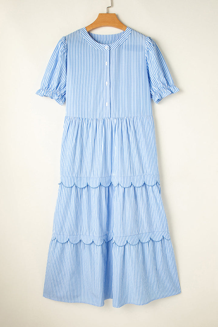 Bubble Short Sleeve Tiered Scallop Long Dress