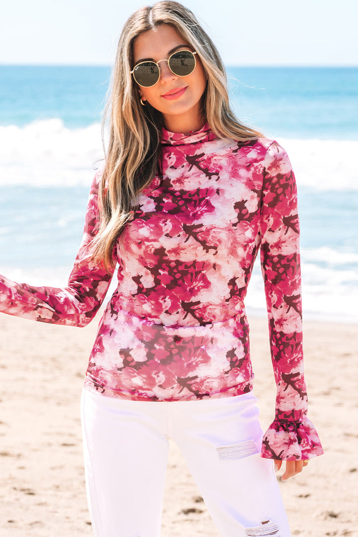Floral Mesh Flounce Sleeve Mock Neck Blouse