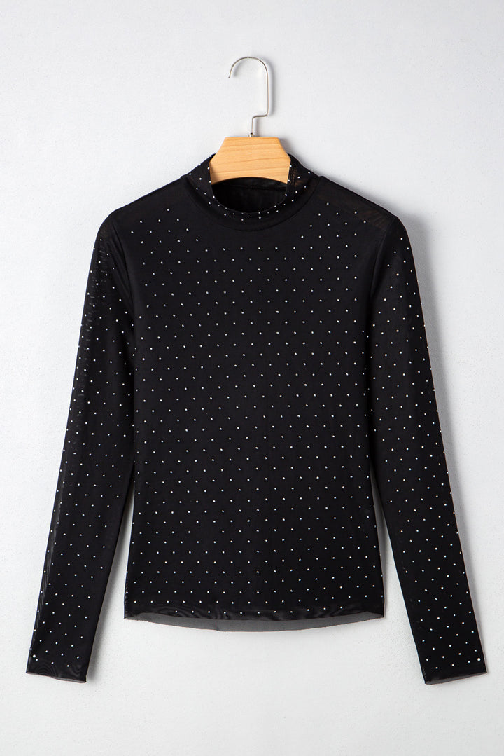 Langärmliges Mesh-Oberteil mit Strassverzierung