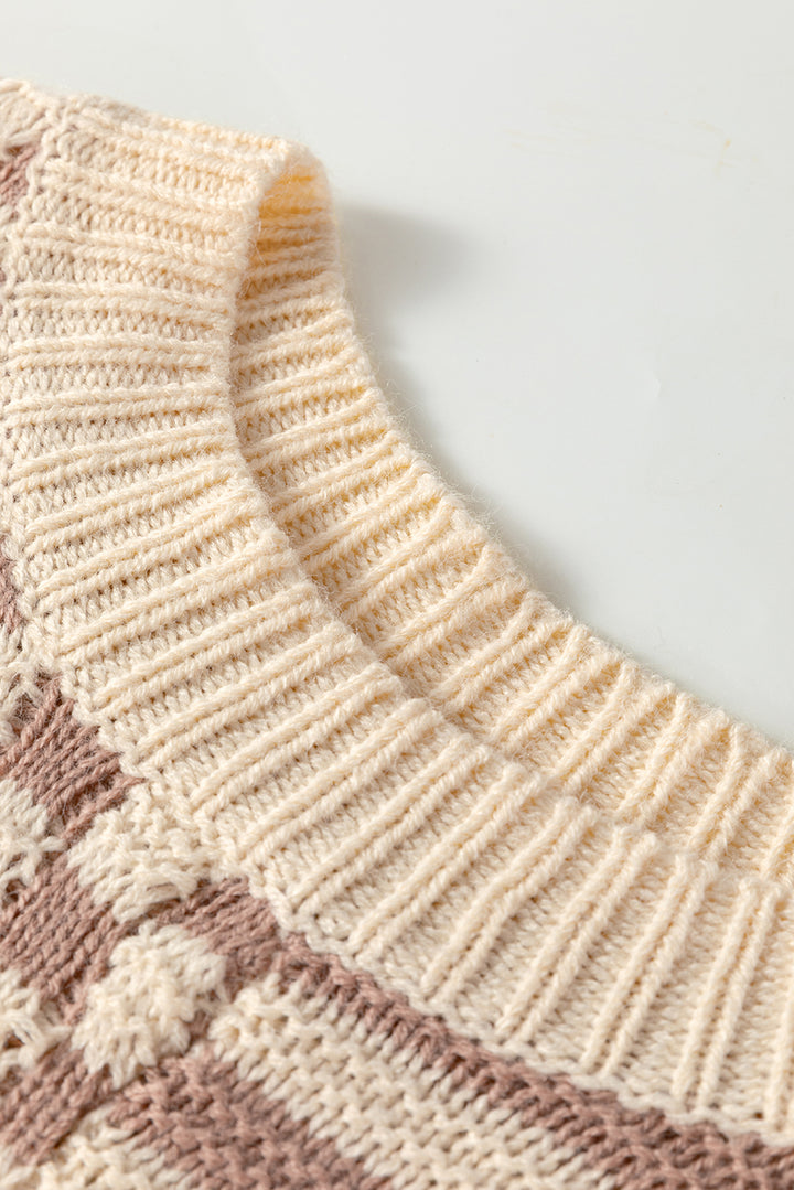 Checkerboard Drop Shoulder Balloon Sleeve Sweater