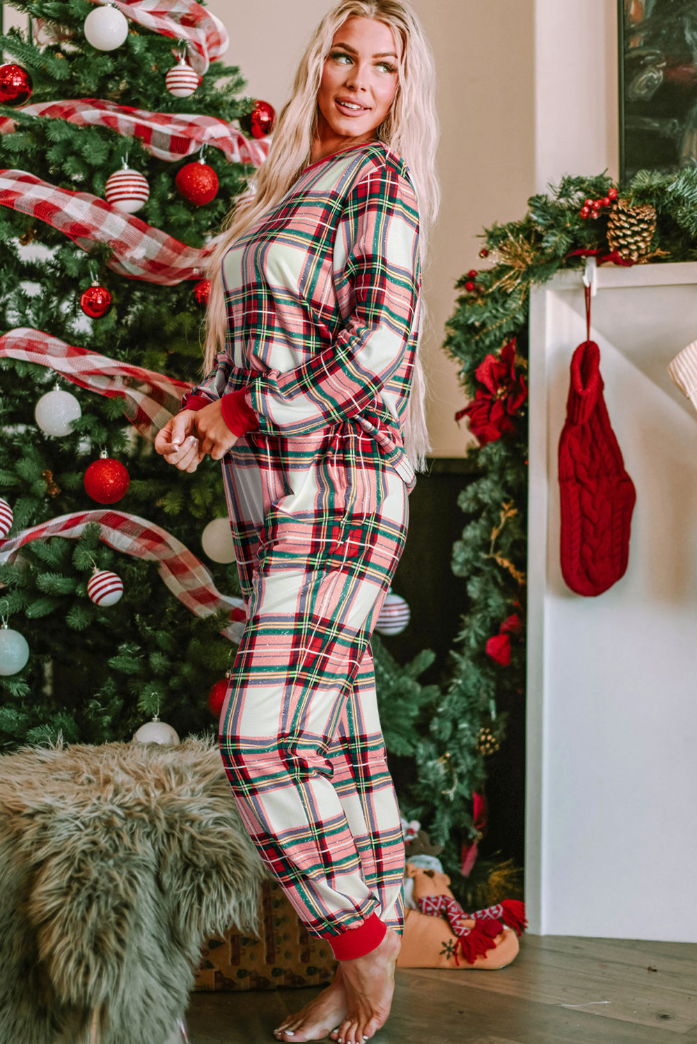 christmas plaid allover top and pants lounge set