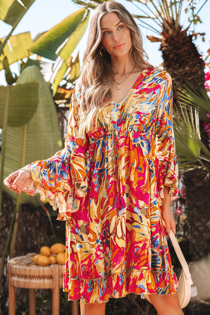 Plant Print Flared Sleeve Ruffled Hem Tunic High Waist Flowy Dress