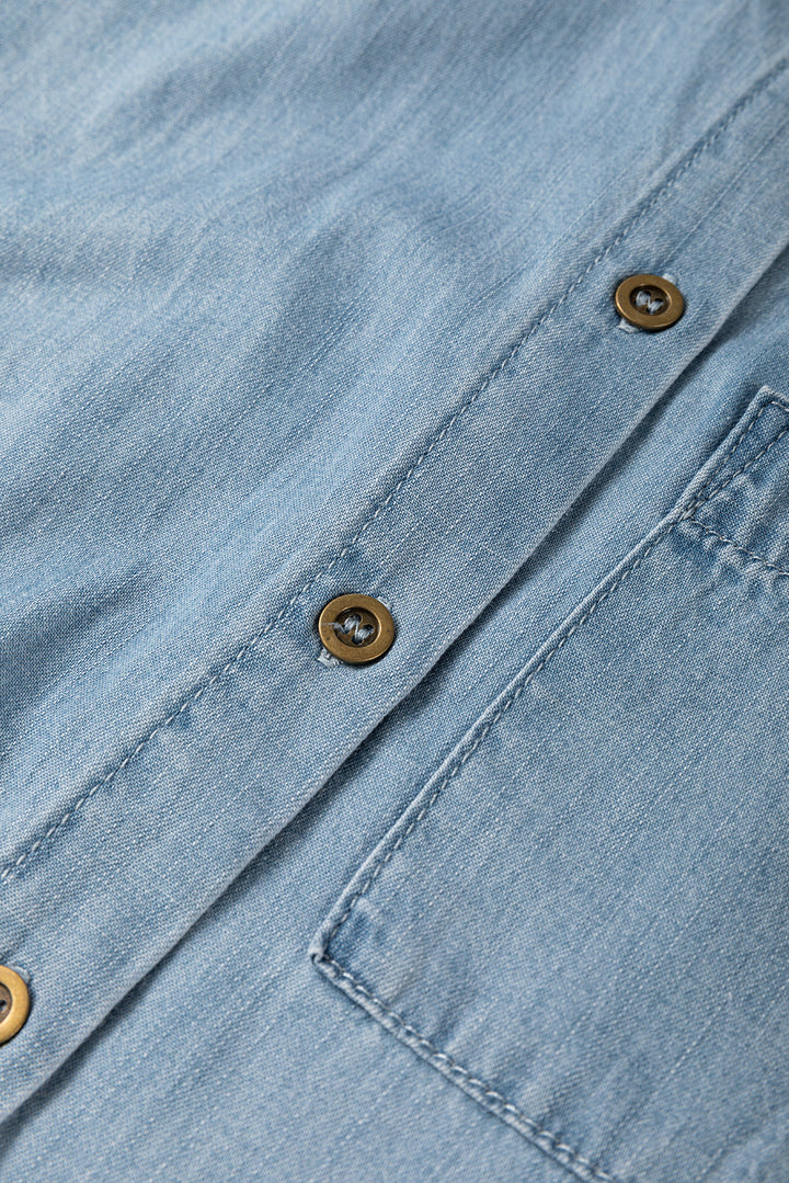 Folded Short Sleeve Patched Pocket Denim Shirt