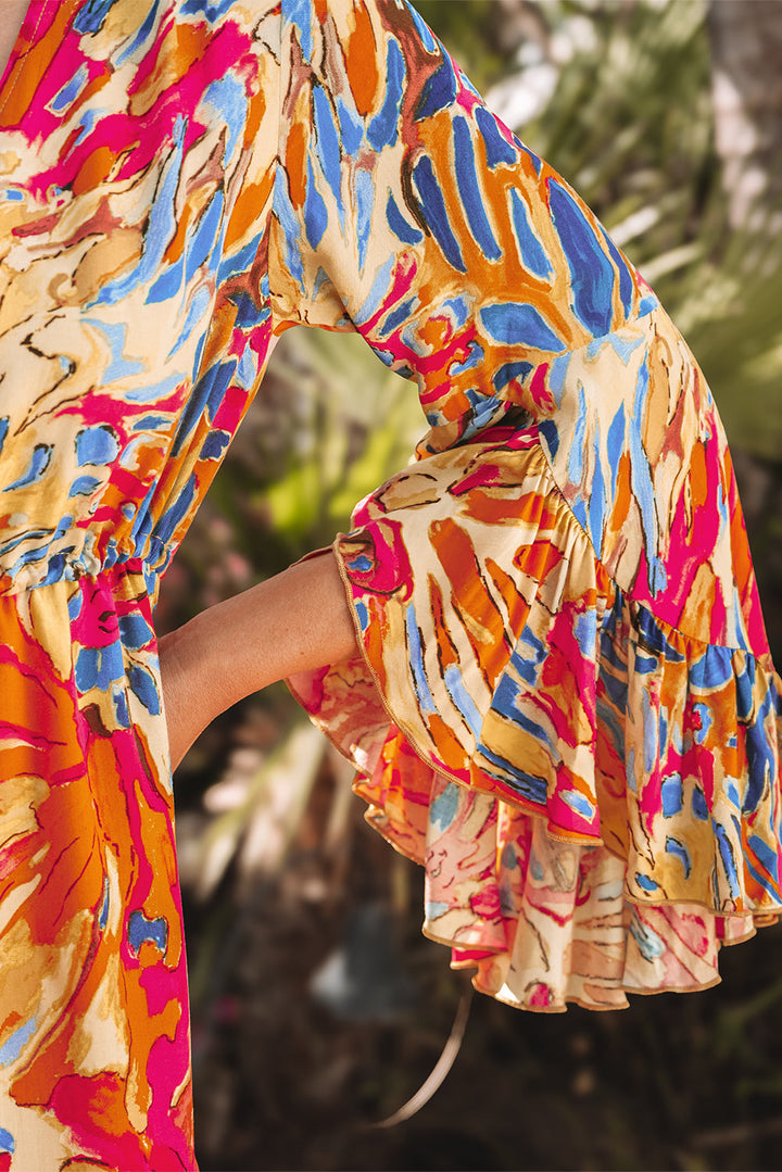 Plant Print Flared Sleeve Ruffled Hem Tunic High Waist Flowy Dress