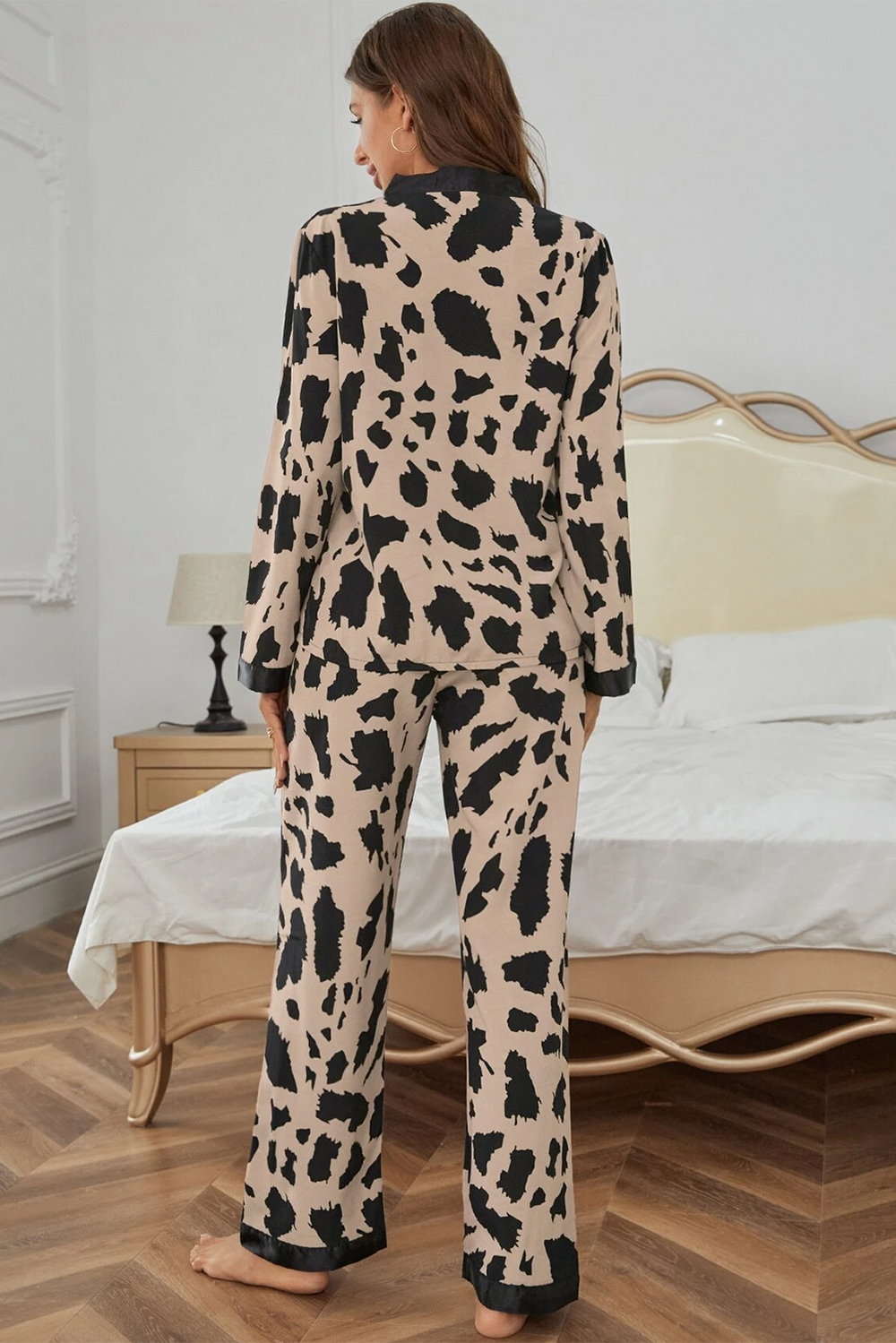 cheetah contrast trim loose fit two piece sleepwear