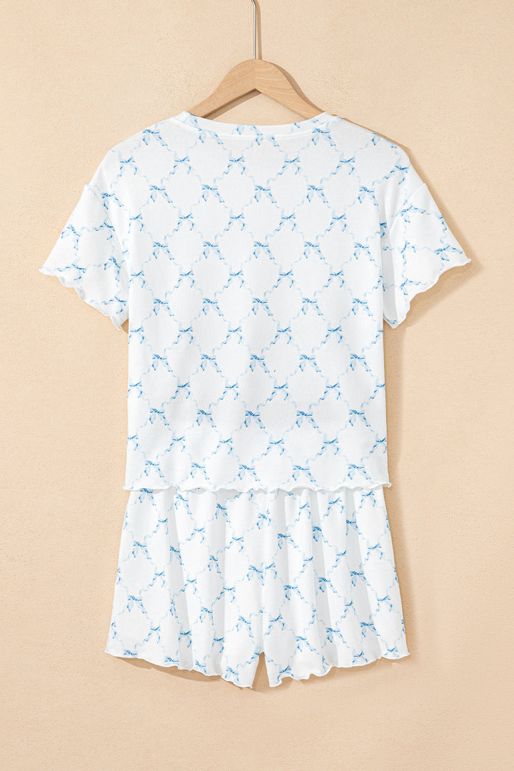 bow knot geometric print lettuce trim two piece lounge set