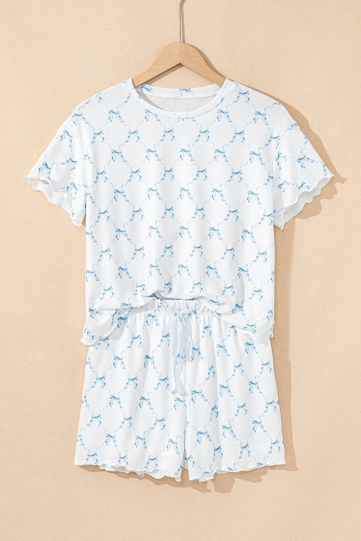 bow knot geometric print lettuce trim two piece lounge set