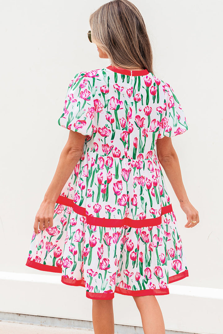 floral print contrast trim v neck bubble short sleeve babydoll dress