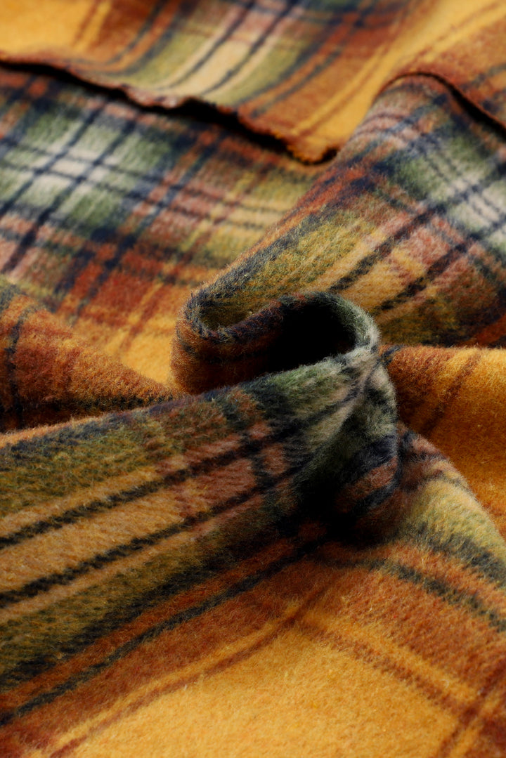 Plaid Patch Hooded Frayed Snap Button Jacket