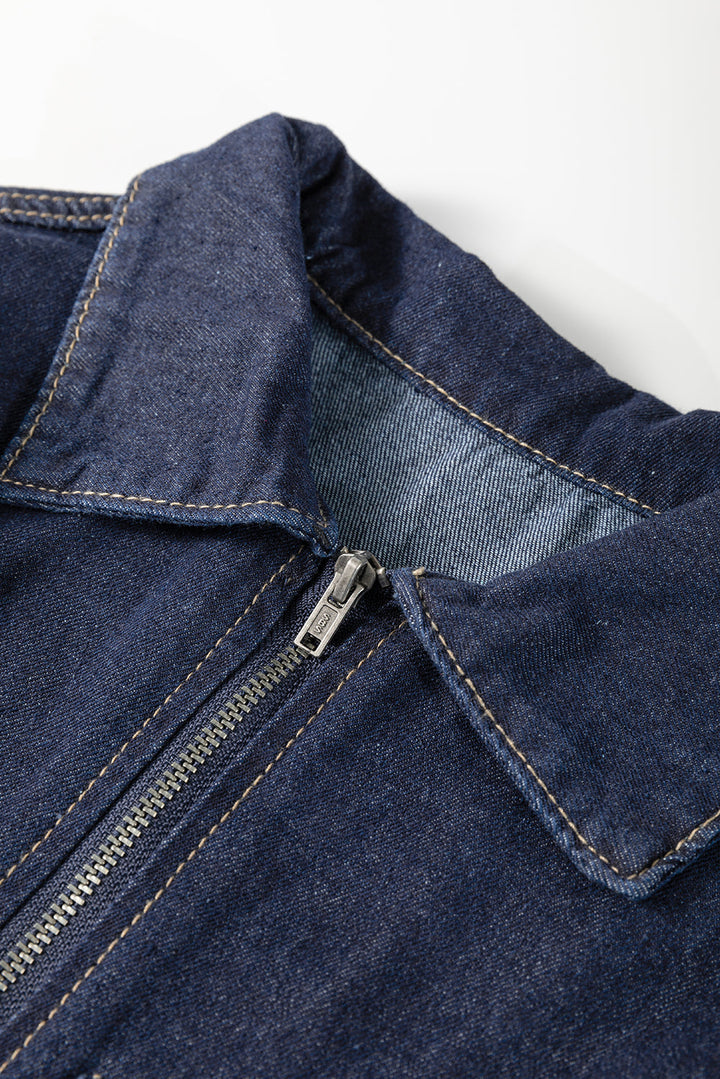 Zipped up Bodice Collared Short Puff Sleeve Denim Dress