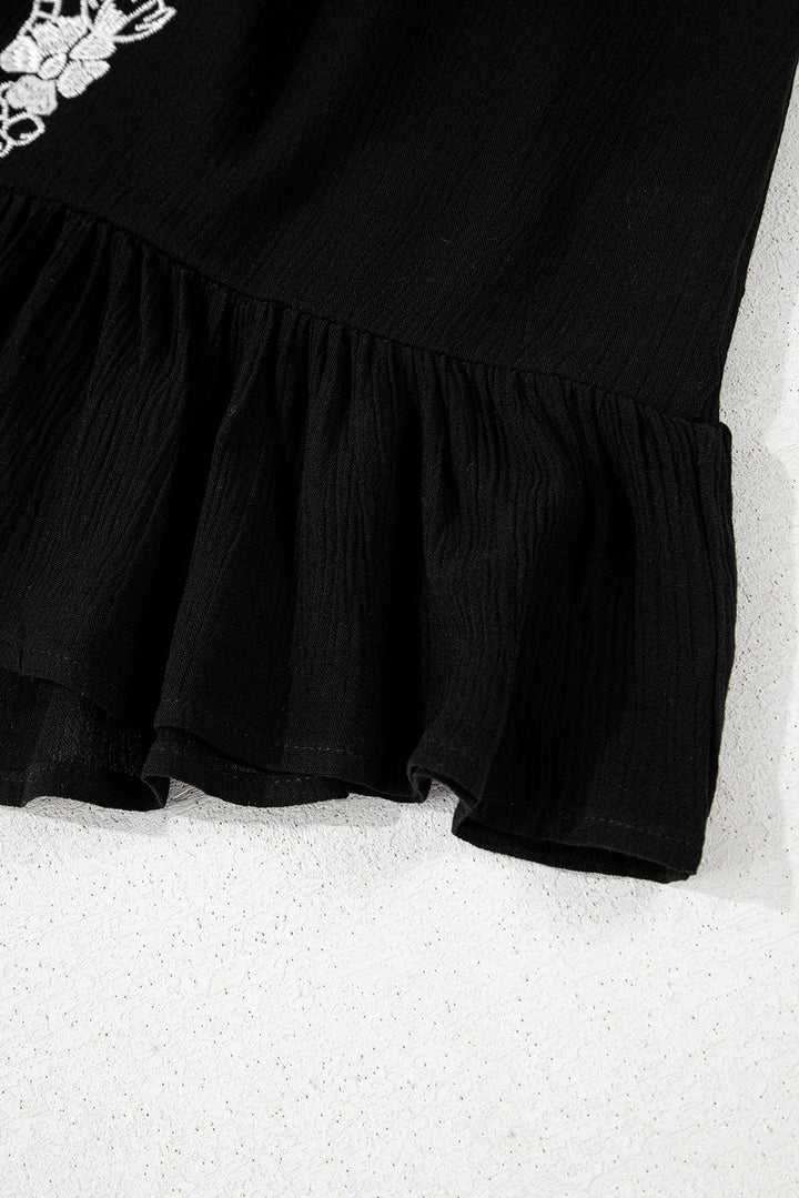 Floral Embroidery Ruffled Spaghetti Straps Tank Top